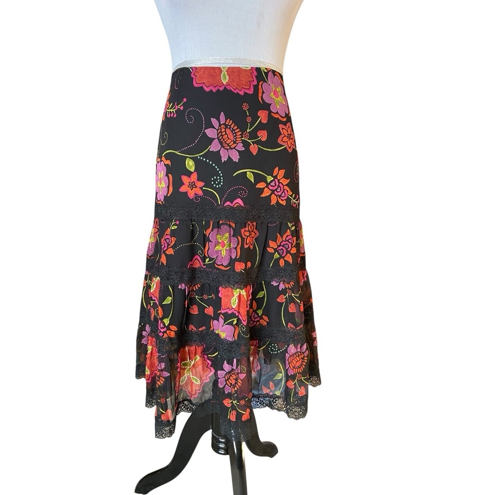 VTG Y2K 100% Silk Floral Tiered Lace Midi Skirt Size 4 Whimsygoth‎ Boho Romantic